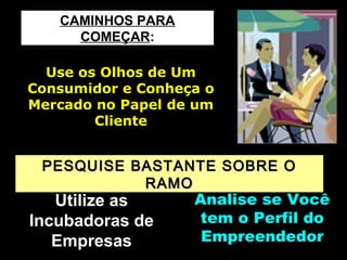 CAMINHOS PARA
COMEÇAR:
Use os Olhos de Um
Consumidor e Conheça o
Mercado no Papel de um
Cliente

PESQUISE BASTANTE SOBRE O
RAMO

Utilize as
Incubadoras de
Empresas

Analise se Você
tem o Perfil do
Empreendedor

 
