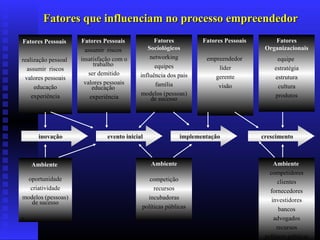 Fatores que influenciam no processo empreendedor
Fatores Pessoais
realização pessoal
assumir riscos
valores pessoais
educação
experiência

Fatores Pessoais
assumir riscos
insatisfação com o
trabalho
ser demitido
valores pessoais
educação
experiência

Fatores
Sociológicos
networking
equipes
influência dos pais
família
modelos (pessoas)
de sucesso

Fatores Pessoais

Fatores
Organizacionais

empreendedor
líder
gerente
visão

equipe
estratégia
estrutura
cultura
produtos

a

inovação

evento inicial

implementação

Ambiente

Ambiente

oportunidade
criatividade
modelos (pessoas)
de sucesso

competição
recursos
incubadoras
políticas públicas

a

crescimento

Ambiente
competidores
clientes
fornecedores
investidores
bancos
advogados
recursos
políticas públicas

 