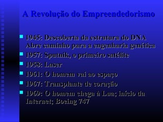 A Revolução do Empreendedorismo
1945: Descoberta da estrutura do DNA
Abre caminho para a engenharia genética
 1957: Sputnik, o primeiro satélite
 1958: Laser
 1961: O homem vai ao espaço
 1967: Transplante de coração
 1969: O homem chega à Lua; início da
Internet; Boeing 747


 