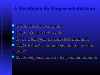 A Revolução do Empreendedorismo
1970: Microprocessador
 1989: World Wide Web
 1993: Clonagem de embriões humanos
 1997: Primeiro animal clonado: a ovelha
Dolly
 2000: Seqüenciamento de genoma humano


 