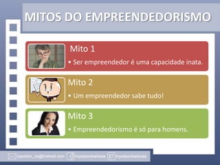MITOS DO EMPREENDEDORISMO
Mito 1
• Ser empreendedor é uma capacidade inata.

Mito 2
• Um empreendedor sabe tudo!

Mito 3
• Empreendedorismo é só para homens.

 