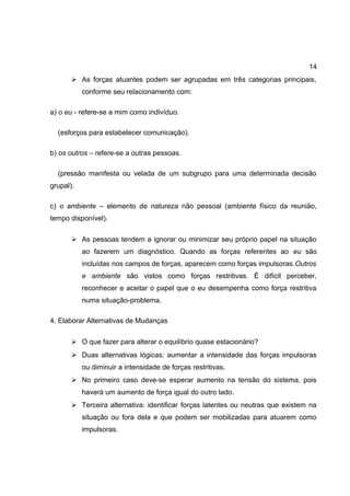 14
 As forças atuantes podem ser agrupadas em três categorias principais,
conforme seu relacionamento com:
a) o eu - refere-se a mim como indivíduo.
(esforços para estabelecer comunicação).
b) os outros – refere-se a outras pessoas.
(pressão manifesta ou velada de um subgrupo para uma determinada decisão
grupal).
c) o ambiente – elemento de natureza não pessoal (ambiente físico da reunião,
tempo disponível).
 As pessoas tendem a ignorar ou minimizar seu próprio papel na situação
ao fazerem um diagnóstico. Quando as forças referentes ao eu são
incluídas nos campos de forças, aparecem como forças impulsoras.Outros
e ambiente são vistos como forças restritivas. É difícil perceber,
reconhecer e aceitar o papel que o eu desempenha como força restritiva
numa situação-problema.
4. Elaborar Alternativas de Mudanças
 O que fazer para alterar o equilíbrio quase estacionário?
 Duas alternativas lógicas: aumentar a intensidade das forças impulsoras
ou diminuir a intensidade de forças restritivas.
 No primeiro caso deve-se esperar aumento na tensão do sistema, pois
haverá um aumento de força igual do outro lado.
 Terceira alternativa: identificar forças latentes ou neutras que existem na
situação ou fora dela e que podem ser mobilizadas para atuarem como
impulsoras.
 