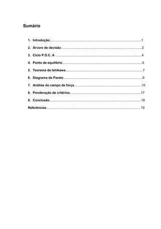 Sumário
1. Introdução......................................................................................................1
2. Árvore de decisão..........................................................................................2
3. Ciclo P.D.C. A ................................................................................................4
4. Ponto de equilíbrio.........................................................................................6
5. Teorema de Ishikawa......................................................................................7
6. Diagrama de Pareto........................................................................................9
7. Análise do campo de força...........................................................................10
8. Ponderação de critérios...............................................................................17
9. Conclusão......................................................................................................18
Referências.........................................................................................................19
 
