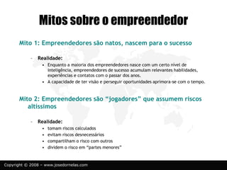Copyright © 2008 – www.josedornelas.com
Mitos sobre o empreendedor
Mito 1: Empreendedores são natos, nascem para o sucesso
– Realidade:
• Enquanto a maioria dos empreendedores nasce com um certo nível de
inteligência, empreendedores de sucesso acumulam relevantes habilidades,
experiências e contatos com o passar dos anos.
• A capacidade de ter visão e perseguir oportunidades aprimora-se com o tempo.
Mito 2: Empreendedores são “jogadores” que assumem riscos
altíssimos
– Realidade:
• tomam riscos calculados
• evitam riscos desnecessários
• compartilham o risco com outros
• dividem o risco em “partes menores”
 
