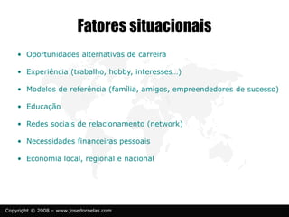 Copyright © 2008 – www.josedornelas.com
Fatores situacionais
• Oportunidades alternativas de carreira
• Experiência (trabalho, hobby, interesses…)
• Modelos de referência (família, amigos, empreendedores de sucesso)
• Educação
• Redes sociais de relacionamento (network)
• Necessidades financeiras pessoais
• Economia local, regional e nacional
 