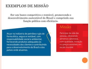 Ser um banco competitivo e rentável, promovendo o
desenvolvimento sustentável do Brasil e cumprindo sua
função pública com eficiência.
EXEMPLOS DE MISSÃO
 