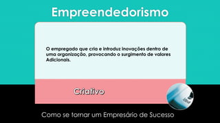 Empreendedorismo
Como se tornar um Empresário de Sucesso
O empregado que cria e introduz inovações dentro de
uma organização, provocando o surgimento de valores
Adicionais.
 