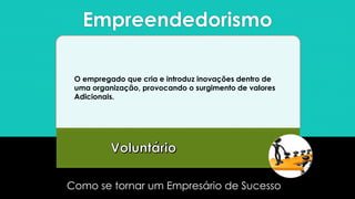 Empreendedorismo
Como se tornar um Empresário de Sucesso
O empregado que cria e introduz inovações dentro de
uma organização, provocando o surgimento de valores
Adicionais.
 