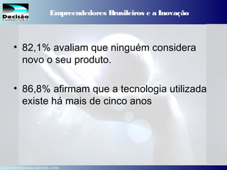 14SEBRAE Serviço de Apoio às Micro e Pequenas Empresas do Estado de São Paulo Julio Alberto Glaser Monteiro
Empreendedores Brasileiros e a Inovação
• 82,1% avaliam que ninguém considera
novo o seu produto.
• 86,8% afirmam que a tecnologia utilizada
existe há mais de cinco anos
Fonte: GEM 2009 (média GEM 2002 a 2009)
 