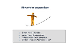 Mitos sobre o empreendedor
 tomam riscos calculados
 evitam riscos desnecessários
 compartilham o risco com outros
 dividem o risco em “partes menores”
 