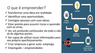 O que é empreender?
 Transformar uma ideia em realidade.
 Identificar uma oportunidade.
 Contagiar pessoas com suas ideias.
 Estar pronto para assumir riscos e aprender
com os erros.
 Ser um profundo conhecedor do todo e não
só de algumas partes.
 Ser capaz de utilizar essas informações para
seu próprio aperfeiçoamento.
 Criar empresas e gerar auto- emprego.
 Empregado – empreendedor.
 