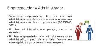 Empreendedor X Administrador
• Todo bom empreendedor deve ser um bom
administrador para obter sucesso, mas nem todo bom
administrador é um bom empreendedor. (DORNELAS,
2001)
• Um bom administrador sabe planejar, executar e
controlar.
• Um bom empreendedor sabe, além dos conceitos de
administração, a partir de uma ideia, formatar um
novo negócio e a partir dele uma nova empresa.
 