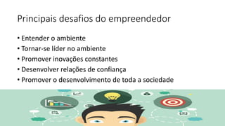 Principais desafios do empreendedor
• Entender o ambiente
• Tornar-se líder no ambiente
• Promover inovações constantes
• Desenvolver relações de confiança
• Promover o desenvolvimento de toda a sociedade
 