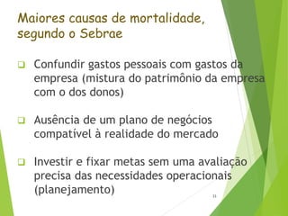 Maiores causas de mortalidade,
segundo o Sebrae
 Confundir gastos pessoais com gastos da
empresa (mistura do patrimônio da empresa
com o dos donos)
 Ausência de um plano de negócios
compatível à realidade do mercado
 Investir e fixar metas sem uma avaliação
precisa das necessidades operacionais
(planejamento) 33
 