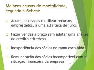 Maiores causas de mortalidade,
segundo o Sebrae
 Acumular dívidas e utilizar recursos
emprestados, a uma alta taxa de juros
 Fazer vendas a prazo sem adotar uma análise
de crédito criteriosa
 Inexperiência dos sócios no ramo escolhido
 Remuneração dos sócios incompatível com a
situação financeira da empresa 35
 