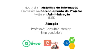Bacharel em Sistemas de Informação
Especialista em Gerenciamento de Projetos
Mestre em Administração
IMED
Atuação
Professor; Consultor; Mentor;
Empreendedor:
 