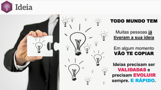 TODO MUNDO TEM
Muitas pessoas já
tiveram a sua ideia
Em algum momento
VÃO TE COPIAR
Ideias precisam ser
VALIDADAS e
precisam EVOLUIR
sempre. E RÁPIDO.
 
