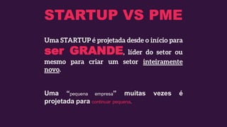 STARTUP VS PME
ser GRANDE
Uma “pequena empresa” muitas vezes é
projetada para continuar pequena.
 