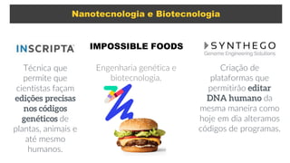 Nanotecnologia e Biotecnologia
Criação de
plataformas que
permitirão
da
mesma maneira como
hoje em dia alteramos
códigos de programas.
Engenharia genética e
biotecnologia.
IMPOSSIBLE FOODS
Técnica que
permite que
cientistas façam
de
plantas, animais e
até mesmo
humanos.
 