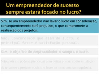 Sim, se um empreendedor não levar o lucro em consideração,
consequentemente terá prejuízos, o que compromete a
realização dos projetos.
Não. Concordamos que além do lucro, o
principal fator é satisfação pessoal.
Sim, o objetivo do empreendedor é sempre o lucro.
Não, pois ele pode se preocupar com outras coisas, como satisfação
de terceiros e projetos sociais, o lucro se torna uma consequência.
 