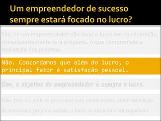 Sim, se um empreendedor não levar o lucro em consideração,
consequentemente terá prejuízos, o que compromete a
realização dos projetos.
Não. Concordamos que além do lucro, o
principal fator é satisfação pessoal.
Sim, o objetivo do empreendedor é sempre o lucro.
Não, pois ele pode se preocupar com outras coisas, como satisfação
de terceiros e projetos sociais, o lucro se torna uma consequência.
 