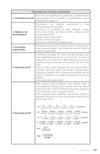 U3 - Plano de negócios 155
“Otimização dos recursos empresariais”
1. Competência Geral
Conhecer os fundamentos, processos e tendências do
empreendedorismo e ampliar o entendimento acerca
da gestão de negócios.
2. Objetivos de
aprendizagem
Reconhecer um balanço patrimonial e uma
demonstração de resultados.
Conhecer os conceitos de Valor Presente Líquido
(VPL), Taxa Interna de Retorno (TIR) e Retorno sobre
investimentos (ROI).
Analisar índices financeiros.
Montar um fluxo de caixa.
Calcular necessidade de capital de giro.
3. Conteúdos
relacionados
Planejamento financeiro; Capital de giro; Fluxo de caixa;
Valor presente líquido; Taxa interna de retorno; Retorno
sobre o investimento.
4. Descrição da SP
A empresa de baldes do nosso exemplo percebeu que
está trabalhando apenas em um turno de oito horas e
poderia ter um rendimento melhor dos seus recursos se
trabalhasse 24 horas por dia em três turnos de oito horas
cada.
Porém, o dono dessa empresa não tem certeza disso e
convidou você para fazer uma análise financeira dessa
situação de trabalho de 24 horas para comparar com os
índices levantados na situação de apenas um turno de
trabalho.
Como você faria essa análise?
5. Resolução da SP
Para resolver esse problema você deverá rever a
necessidade de capital de giro, refazer o fluxo de caixa e
recalcular o VPL, a TIR e o ROI para essa nova situação e
então comparar com a situação anterior.
Para resolução deste problema você poderá utilizar as
seguintes fórmulas ou usar uma planilha eletrônica de
cálculo, tipo Excel.
 