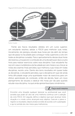 U4 - Os desafios do empreendedor 187
Fonte: O autor.
Figura 4.3 | O ciclo PDCA e o processo de melhoria contínua
Processo de
melhoramento contínuo
Action
Plan
Check
Do
Action
Plan
Check
Do
Padrão
Padrão
Elevação dos padrões de
qualidade
Tempo
Melhoria da
qualidade
Padrão
Frente aos fracos resultados obtidos em um curso superior,
um estudante resolveu adotar o PDCA para melhorar suas notas.
Inicialmente, ele planejou estudar duas horas por dia além do tempo
que ele passa na faculdade para conseguir notas superiores a oito em
todas as disciplinas cursadas. Para o aproveitamento dessas duas horas
elereservouumaparaleroconteúdodeumadisciplinapordiaeaoutra
hora para realizar exercícios sobre essa disciplina. Esse estudante fez
isso em casa e na biblioteca da faculdade por seis meses e ao checar as
notas dos exames finais percebeu que melhorou suas notas em todas
disciplinas, exceto uma. Diante dos bons resultados em quase todas
as disciplinas, o estudante percebeu que a disciplina em que ele ainda
tinha dificuldade exige uma quantidade maior de exercícios para um
efetivo aprendizado do conteúdo, então ele decidiu fazer um novo
planejamento de estudos e dedicar três horas por dia para quando
estudar essa disciplina, na qual ainda apresentava baixo rendimento.
Faça você mesmo
Encontre uma situação qualquer (pessoal ou profissional) que você
acredita que pode ser alvo de uma melhoria contínua com a adoção
do ciclo PDCA. Em seguida, defina o objetivo que quer alcançar nesta
situação e o modo como alcançará esse objetivo. Execute o plano e
registre os resultados, depois analise se estão de acordo com o planejado
e aja no sentido de criar meios para melhorá-los.
 