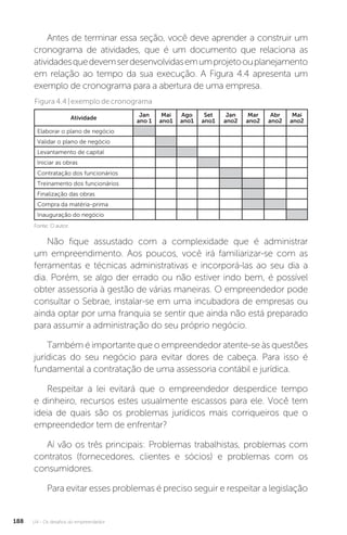 U4 - Os desafios do empreendedor
188
Antes de terminar essa seção, você deve aprender a construir um
cronograma de atividades, que é um documento que relaciona as
atividadesquedevemserdesenvolvidasemumprojetoouplanejamento
em relação ao tempo da sua execução. A Figura 4.4 apresenta um
exemplo de cronograma para a abertura de uma empresa.
Figura4.4|exemplodecronograma
Atividade Jan
ano 1
Mai
ano1
Ago
ano1
Set
ano1
Jan
ano2
Mar
ano2
Abr
ano2
Mai
ano2
Elaborar o plano de negócio
Validar o plano de negócio
Levantamento de capital
Iniciar as obras
Contratação dos funcionários
Treinamento dos funcionários
Finalização das obras
Compra da matéria-prima
Inauguração do negócio
Fonte: O autor.
Não fique assustado com a complexidade que é administrar
um empreendimento. Aos poucos, você irá familiarizar-se com as
ferramentas e técnicas administrativas e incorporá-las ao seu dia a
dia. Porém, se algo der errado ou não estiver indo bem, é possível
obter assessoria à gestão de várias maneiras. O empreendedor pode
consultar o Sebrae, instalar-se em uma incubadora de empresas ou
ainda optar por uma franquia se sentir que ainda não está preparado
para assumir a administração do seu próprio negócio.
Também é importante que o empreendedor atente-se às questões
jurídicas do seu negócio para evitar dores de cabeça. Para isso é
fundamental a contratação de uma assessoria contábil e jurídica.
Respeitar a lei evitará que o empreendedor desperdice tempo
e dinheiro, recursos estes usualmente escassos para ele. Você tem
ideia de quais são os problemas jurídicos mais corriqueiros que o
empreendedor tem de enfrentar?
Aí vão os três principais: Problemas trabalhistas, problemas com
contratos (fornecedores, clientes e sócios) e problemas com os
consumidores.
Para evitar esses problemas é preciso seguir e respeitar a legislação
 
