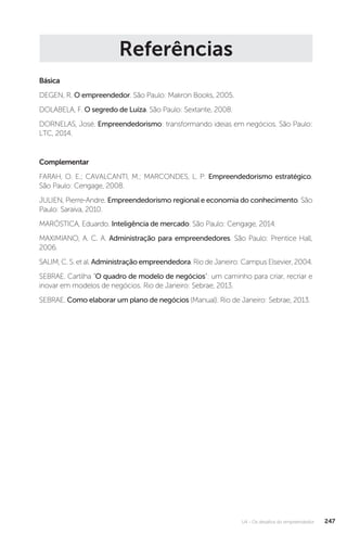 U4 - Os desafios do empreendedor 247
Referências
Básica
DEGEN, R. O empreendedor. São Paulo: Makron Books, 2005.
DOLABELA, F. O segredo de Luíza. São Paulo: Sextante, 2008.
DORNELAS, José. Empreendedorismo: transformando ideias em negócios. São Paulo:
LTC, 2014.
Complementar
FARAH, O. E.; CAVALCANTI, M.; MARCONDES, L. P. Empreendedorismo estratégico.
São Paulo: Cengage, 2008.
JULIEN, Pierre-Andre. Empreendedorismo regional e economia do conhecimento. São
Paulo: Saraiva, 2010.
MARÓSTICA, Eduardo. Inteligência de mercado. São Paulo: Cengage, 2014.
MAXIMIANO, A. C. A. Administração para empreendedores. São Paulo: Prentice Hall,
2006.
SALIM, C. S. et al. Administração empreendedora. Rio de Janeiro: Campus Elsevier, 2004.
SEBRAE. Cartilha “O quadro de modelo de negócios”: um caminho para criar, recriar e
inovar em modelos de negócios. Rio de Janeiro: Sebrae, 2013.
SEBRAE. Como elaborar um plano de negócios (Manual). Rio de Janeiro: Sebrae, 2013.
 