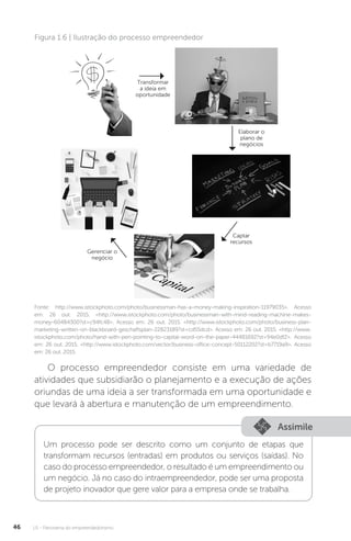U1 - Panorama do empreendedorismo
46
Figura 1.6 | Ilustração do processo empreendedor
Fonte: http://www.istockphoto.com/photo/businessman-has-a-money-making-inspiration-11979035>. Acesso
em: 26 out. 2015. <http://www.istockphoto.com/photo/businessman-with-mind-reading-machine-makes-
money-60484300?st=c94fc48>. Acesso em: 26 out. 2015. <http://www.istockphoto.com/photo/business-plan-
marketing-written-on-blackboard-geschaftsplan-22823189?st=cd55dcd>. Acesso em: 26 out. 2015. <http://www.
istockphoto.com/photo/hand-with-pen-pointing-to-capital-word-on-the-paper-44481692?st=94e0df2>. Acesso
em: 26 out. 2015. <http://www.istockphoto.com/vector/business-office-concept-50112202?st=b7719a9>. Acesso
em: 26 out. 2015.
Transformar
a ideia em
oportunidade
Elaborar o
plano de
negócios
Captar
recursos
Gerenciar o
negócio
O processo empreendedor consiste em uma variedade de
atividades que subsidiarão o planejamento e a execução de ações
oriundas de uma ideia a ser transformada em uma oportunidade e
que levará à abertura e manutenção de um empreendimento.
Assimile
Um processo pode ser descrito como um conjunto de etapas que
transformam recursos (entradas) em produtos ou serviços (saídas). No
caso do processo empreendedor, o resultado é um empreendimento ou
um negócio. Já no caso do intraempreendedor, pode ser uma proposta
de projeto inovador que gere valor para a empresa onde se trabalha.
 