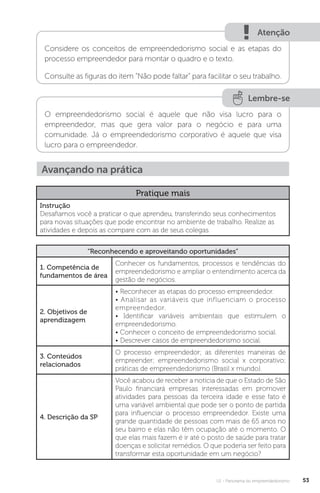 U1 - Panorama do empreendedorismo 53
Atenção
Considere os conceitos de empreendedorismo social e as etapas do
processo empreendedor para montar o quadro e o texto.
Consulte as figuras do item “Não pode faltar” para facilitar o seu trabalho.
Lembre-se
O empreendedorismo social é aquele que não visa lucro para o
empreendedor, mas que gera valor para o negócio e para uma
comunidade. Já o empreendedorismo corporativo é aquele que visa
lucro para o empreendedor.
Avançando na prática
Pratique mais
Instrução
Desafiamos você a praticar o que aprendeu, transferindo seus conhecimentos
para novas situações que pode encontrar no ambiente de trabalho. Realize as
atividades e depois as compare com as de seus colegas.
“Reconhecendo e aproveitando oportunidades”
1. Competência de
fundamentos de área
Conhecer os fundamentos, processos e tendências do
empreendedorismo e ampliar o entendimento acerca da
gestão de negócios.
2. Objetivos de
aprendizagem
• Reconhecer as etapas do processo empreendedor.
• Analisar as variáveis que influenciam o processo
empreendedor.
• Identificar variáveis ambientais que estimulem o
empreendedorismo.
• Conhecer o conceito de empreendedorismo social.
• Descrever casos de empreendedorismo social.
3. Conteúdos
relacionados
O processo empreendedor; as diferentes maneiras de
empreender; empreendedorismo social x corporativo;
práticas de empreendedorismo (Brasil x mundo).
4. Descrição da SP
Você acabou de receber a notícia de que o Estado de São
Paulo financiará empresas interessadas em promover
atividades para pessoas da terceira idade e esse fato é
uma variável ambiental que pode ser o ponto de partida
para influenciar o processo empreendedor. Existe uma
grande quantidade de pessoas com mais de 65 anos no
seu bairro e elas não têm ocupação até o momento. O
que elas mais fazem é ir até o posto de saúde para tratar
doenças e solicitar remédios. O que poderia ser feito para
transformar esta oportunidade em um negócio?
 