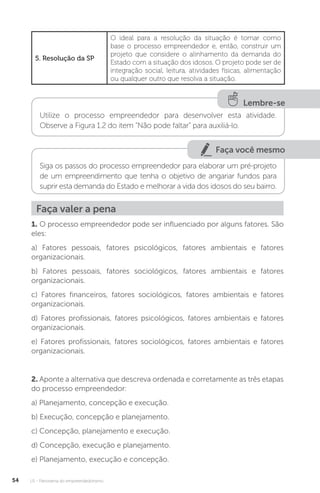 U1 - Panorama do empreendedorismo
54
5. Resolução da SP
O ideal para a resolução da situação é tomar como
base o processo empreendedor e, então, construir um
projeto que considere o alinhamento da demanda do
Estado com a situação dos idosos. O projeto pode ser de
integração social, leitura, atividades físicas, alimentação
ou qualquer outro que resolva a situação.
Lembre-se
Utilize o processo empreendedor para desenvolver esta atividade.
Observe a Figura 1.2 do item “Não pode faltar” para auxiliá-lo.
Faça você mesmo
Siga os passos do processo empreendedor para elaborar um pré-projeto
de um empreendimento que tenha o objetivo de angariar fundos para
suprir esta demanda do Estado e melhorar a vida dos idosos do seu bairro.
Faça valer a pena
1. O processo empreendedor pode ser influenciado por alguns fatores. São
eles:
a) Fatores pessoais, fatores psicológicos, fatores ambientais e fatores
organizacionais.
b) Fatores pessoais, fatores sociológicos, fatores ambientais e fatores
organizacionais.
c) Fatores financeiros, fatores sociológicos, fatores ambientais e fatores
organizacionais.
d) Fatores profissionais, fatores psicológicos, fatores ambientais e fatores
organizacionais.
e) Fatores profissionais, fatores sociológicos, fatores ambientais e fatores
organizacionais.
2. Aponte a alternativa que descreva ordenada e corretamente as três etapas
do processo empreendedor:
a) Planejamento, concepção e execução.
b) Execução, concepção e planejamento.
c) Concepção, planejamento e execução.
d) Concepção, execução e planejamento.
e) Planejamento, execução e concepção.
 