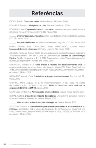 U1 - Panorama do empreendedorismo
56
Referências
DEGEN, Ronald. O empreendedor. Makron Books: São Paulo, 2005.
DOLABELA, Fernando. O segredo de Luisa. Sextante: São Paulo, 2008.
DORNELAS, José. Empreendedorismo corporativo: como ser empreendedor, inovar e
diferenciar na sua empresa. 3. ed. LTC: São Paulo, 2015.
______. Empreendedorismonaprática: mitos e verdades do empreendedor de sucesso.
LTC: São Paulo, 2015.
______. Empreendedorismo: transformando ideias em negócios. LTC: São Paulo, 2014.
FARAH, Osvaldo Elias; CAVALCANTI, Marly; MARCONDES, Luciana Passos.
Empreendedorismo estratégico. Cengage Learning: São Paulo, 2008.
JULIANO, Marcio de Cassio. Relato de uma experiência metodológica para a disciplina
“Empreendedorismo” em um Curso de Administração. Revista de Administração
Pública. Gestão Estratégica, v. 4, n. 1, 2011. Disponível em: <http://www.admpg.com.br/
revista2011/artigos/2.pdf>. Acesso em: 14 dez. 2015.
KUYUMJIAN, Rodrigo et al. Uma análise a respeito do desenvolvimento local: o
empreendedorismo social no Morro do Jaburu - Vitória (ES), Brasil. Disponível em:
<http://www.scielo.br/scielo.php?pid=S0034-76122014000600007&script=sci_arttext>.
Acesso em: 14 dez. 2015.
MAXIMIANO, Antonio Cesar A. Administração para empreendedores. Prentice Hall: São
Paulo, 2006.
OROFINO, Maria Augusta et al. O intraempreendedor e seu papel na gestão
do conhecimento: Um estudo de caso. Anais do sexto encontro nacional de
empreendedorismo ENEMPRE. Lages, 2009.
SALIM, Cesar Simões et al. Administração empreendedora. Elsevier: Rio de Janeiro, 2004.
SEBRAE. Cartilha. O quadro de modelo de negócios: um caminho para criar, recriar e
inovar em modelos de negócios. Sebrae: Brasília, 2013.
______. Manual como elaborar um plano de negócios. Sebrae: Brasília, 2013.
VICK, Thais Elaine et al. A essência do processo empreendedor e a complexidade do
indivíduo: percepções sob a ótica das tipologias de conhecimento. Disponível em:
<http://www.simpoi.fgvsp.br/arquivo/2009/artigos/E2009_T00239_PCN72744.pdf>.
Acesso em: 14 dez. 2015.
 