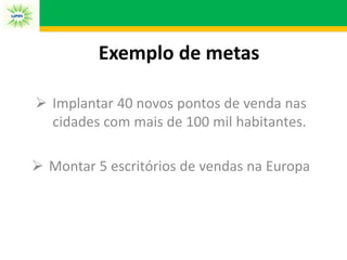 Exemplo de metas
 Implantar 40 novos pontos de venda nas
cidades com mais de 100 mil habitantes.
 Montar 5 escritórios de vendas na Europa
 