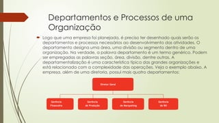 Departamentos e Processos de uma
Organização
 Logo que uma empresa foi planejada, é preciso ter desenhado quais serão os
departamentos e processos necessários ao desenvolvimento das atividades. O
departamento designa uma área, uma divisão ou segmento dentro de uma
organização. Na verdade, a palavra departamento é um termo genérico. Podem
ser empregadas as palavras seção, área, divisão, dentre outras. A
departamentalização é uma característica típica das grandes organizações e
está relacionada com a complexidade das operações. Veja o exemplo abaixo. A
empresa, além de uma diretoria, possui mais quatro departamentos:
Diretor Geral
Gerência
Financeira
Gerência
de Produção
Gerência
de Marqueting
Gerência
de RH
 