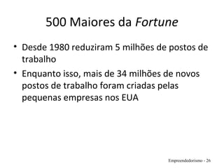 500 Maiores da Fortune
• Desde 1980 reduziram 5 milhões de postos de
trabalho
• Enquanto isso, mais de 34 milhões de novos
postos de trabalho foram criadas pelas
pequenas empresas nos EUA
Empreendedorismo - 26
 
