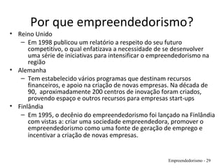 Por que empreendedorismo?
• Reino Unido
– Em 1998 publicou um relatório a respeito do seu futuro
competitivo, o qual enfatizava a necessidade de se desenvolver
uma série de iniciativas para intensificar o empreendedorismo na
região
• Alemanha
– Tem estabelecido vários programas que destinam recursos
financeiros, e apoio na criação de novas empresas. Na década de
90, aproximadamente 200 centros de inovação foram criados,
provendo espaço e outros recursos para empresas start-ups
• Finlândia
– Em 1995, o decênio do empreendedorismo foi lançado na Finlândia
com vistas a: criar uma sociedade empreendedora, promover o
empreendedorismo como uma fonte de geração de emprego e
incentivar a criação de novas empresas.
Empreendedorismo - 29
 