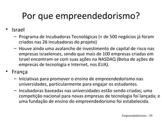 Por que empreendedorismo?
• Israel
– Programa de Incubadoras Tecnológicas (+ de 500 negócios já foram
criados nas 26 incubadoras do projeto)
– Houve ainda uma avalanche de investimento de capital de risco nas
empresas israelenses, sendo que mais de 100 empresas criadas em
Israel encontram-se com suas ações na NASDAQ (Bolsa de ações de
empresas de tecnologia e Internet, nos EUA).
• França
– Iniciativas para promover o ensino de empreendedorismo nas
universidades, particularmente para engajar os estudantes.
– Incubadoras baseadas nas universidades estão sendo criadas; uma
competição nacional para novas empresas de tecnologia foi lançada; e
uma fundação de ensino do empreendedorismo foi estabelecida.
Empreendedorismo - 30
 