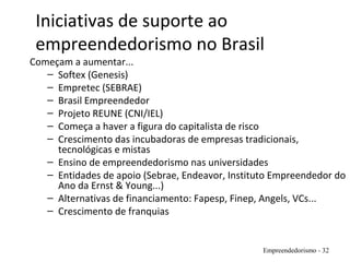 Iniciativas de suporte ao
empreendedorismo no Brasil
Começam a aumentar...
– Softex (Genesis)
– Empretec (SEBRAE)
– Brasil Empreendedor
– Projeto REUNE (CNI/IEL)
– Começa a haver a figura do capitalista de risco
– Crescimento das incubadoras de empresas tradicionais,
tecnológicas e mistas
– Ensino de empreendedorismo nas universidades
– Entidades de apoio (Sebrae, Endeavor, Instituto Empreendedor do
Ano da Ernst & Young...)
– Alternativas de financiamento: Fapesp, Finep, Angels, VCs...
– Crescimento de franquias
Empreendedorismo - 32
 