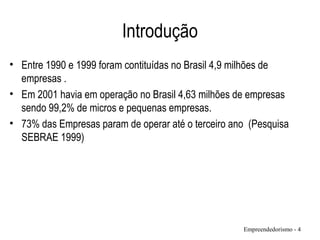 Introdução
• Entre 1990 e 1999 foram contituídas no Brasil 4,9 milhões de
empresas .
• Em 2001 havia em operação no Brasil 4,63 milhões de empresas
sendo 99,2% de micros e pequenas empresas.
• 73% das Empresas param de operar até o terceiro ano (Pesquisa
SEBRAE 1999)
Empreendedorismo - 4
 
