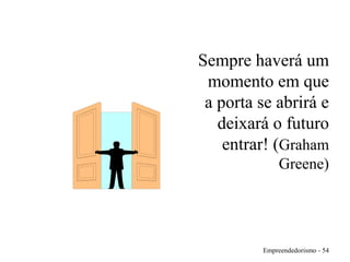 Empreendedorismo - 54
Sempre haverá um
momento em que
a porta se abrirá e
deixará o futuro
entrar! (Graham
Greene)
 