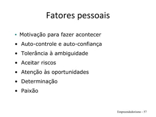 Fatores pessoais
Empreendedorismo - 57
• Motivação para fazer acontecer
• Auto-controle e auto-confiança
• Tolerância à ambiguidade
• Aceitar riscos
• Atenção às oportunidades
• Determinação
• Paixão
 