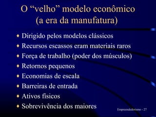 O “velho” modelo econômico
     (a era da manufatura)
♦ Dirigido pelos modelos clássicos
♦ Recursos escassos eram materiais raros
♦ Força de trabalho (poder dos músculos)
♦ Retornos pequenos
♦ Economias de escala
♦ Barreiras de entrada
♦ Ativos físicos
♦ Sobrevivência dos maiores
                                   Empreendedorismo - 27
 