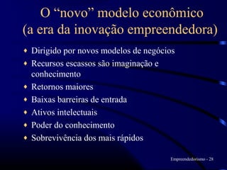 O “novo” modelo econômico
(a era da inovação empreendedora)
♦   Dirigido por novos modelos de negócios
♦   Recursos escassos são imaginação e
    conhecimento
♦   Retornos maiores
♦   Baixas barreiras de entrada
♦   Ativos intelectuais
♦   Poder do conhecimento
♦   Sobrevivência dos mais rápidos

                                        Empreendedorismo - 28
 