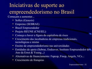 Iniciativas de suporte ao
 empreendedorismo no Brasil
Começam a aumentar...
   • Softex (Genesis)
   • Empretec (SEBRAE)
   • Brasil Empreendedor
   • Projeto REUNE (CNI/IEL)
   • Começa a haver a figura do capitalista de risco
   • Crescimento das incubadoras de empresas tradicionais,
     tecnológicas e mistas
   • Ensino de empreendedorismo nas universidades
   • Entidades de apoio (Sebrae, Endeavor, Instituto Empreendedor do
     Ano da Ernst & Young...)
   • Alternativas de financiamento: Fapesp, Finep, Angels, VCs...
   • Crescimento de franquias
                                                  Empreendedorismo - 32
 