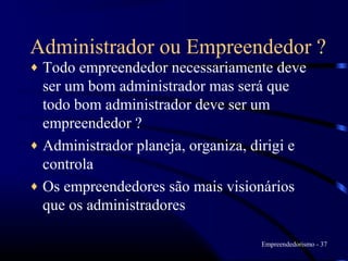 Administrador ou Empreendedor ?
♦ Todo empreendedor necessariamente deve
  ser um bom administrador mas será que
  todo bom administrador deve ser um
  empreendedor ?
♦ Administrador planeja, organiza, dirigi e
  controla
♦ Os empreendedores são mais visionários
  que os administradores

                                    Empreendedorismo - 37
 