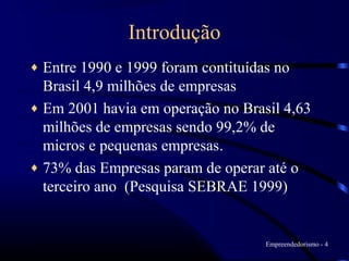 Introdução
♦ Entre 1990 e 1999 foram contituídas no
  Brasil 4,9 milhões de empresas
♦ Em 2001 havia em operação no Brasil 4,63
  milhões de empresas sendo 99,2% de
  micros e pequenas empresas.
♦ 73% das Empresas param de operar até o
  terceiro ano (Pesquisa SEBRAE 1999)


                                   Empreendedorismo - 4
 