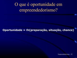 O que é oportunidade em
         empreendedorismo?



Oportunidade = fn(preparação, situação, chance)




                                    Empreendedorismo - 55
 