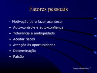 Fatores pessoais
•   Motivação para fazer acontecer
• Auto-controle e auto-confiança
• Tolerância à ambiguidade
• Aceitar riscos
• Atenção às oportunidades
• Determinação
• Paixão


                                     Empreendedorismo - 57
 