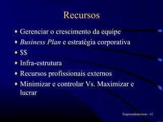 Recursos
♦ Gerenciar o crescimento da equipe
♦ Business Plan e estratégia corporativa
♦ $$
♦ Infra-estrutura
♦ Recursos profissionais externos
♦ Minimizar e controlar Vs. Maximizar e
  lucrar

                                    Empreendedorismo - 61
 